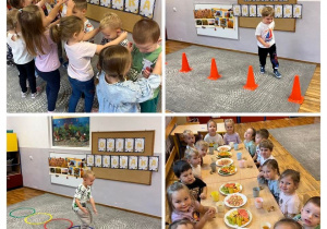 Kolaż zdjęć przedstawiający dzieci z grupy Stokrotki podczas Dnia Chłopaka.