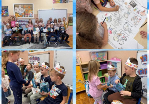 Kolaż zdjęć przedstawia grupę Smerfów podczas Dnia Chłopaka.