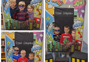 Kolaż zdjęć, na którym chłopcy z grupy Motylki pozują do zdjęć w fotobudce z napisem Dzień Chłopaka.