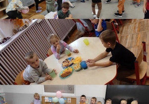 Kolaż zdjęć przedstawiający dzieci z grupy Misie podczas zabaw ruchowych, poczęstunku oraz pozujących z otrzymanymi prezentami z okazji Dnia Chłopaka.
