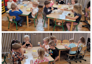 Kolaż zdjęć przedstawia grupę Słoneczka podczas poczęstunku z okazji Dnia Chłopaka.