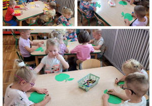 Kolaż zdjęć dzieci siedzących przy stolikach i wykonujących pracę plastyczną.