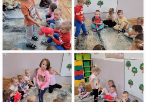 Kolaż zdjęć dzieci siedzących na dywanie z maskotką.