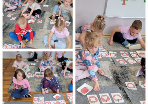 Kolaż zdjęć dzieci siedzących na dywanie i dopasowujących kształty.