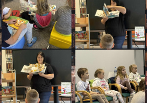 Kolaż przedstawia grupę Smerfów podczas czytania bajki w bibliotece.