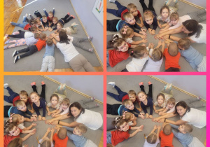 Kolaż zdjęć dzieci z grupy Biedronki podczas realizacji zajęć o budowaniu relacji.