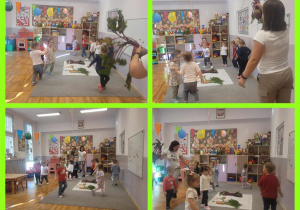 Kolaż zdjęć dzieci podczas zabawy muzyczno-ruchowej „Buraczek ma czerwony fraczek”