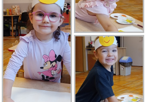 Kolaż z przedszkolakami obijającymi pomalowane dłonie na kartonie.