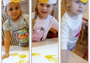 Kolaż prezentujący troje dzieci odbijające dłonie na kartonie.