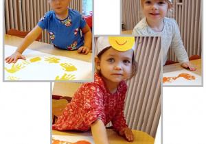 Kolaż z dziećmi obijającymi pomalowane dłonie na kartonie.