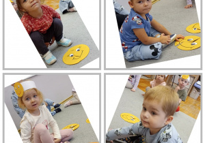 Kolaż czwórki dzieci w trakcie układania puzzli z e motek uśmiechniętych buziek.