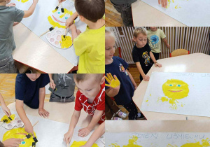 Kolaż zdjęć przedstawiający dzieci z grupy Misie podczas tworzenia plakatu z okazji Dnia Uśmiechu.