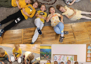 Kolaż zdjęć z grupy Stokrotki -Dzieci podczas układania uśmiechniętej buzi z kasztanów.