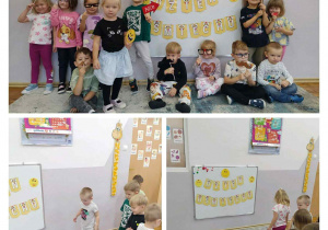 Kolaż dzieci z grupy Słoneczka podczas aktywności z okazji Dnia Uśmiechu.