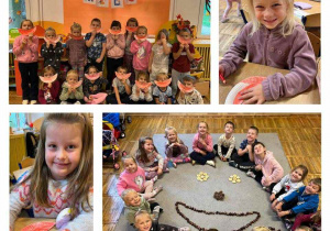Kolaż zdjęć przedstawiający dzieci z grupy Żabki podczas świętowania Dnia Uśmiechu.