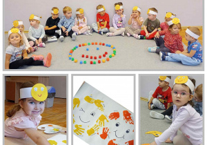 Kolaż zdjęć grupy Biedronki - dzieci w trakcie wykonywania plakatu, układania puzzli z buźkami oraz siedzące dokoła buzi ułożonej z klocków.