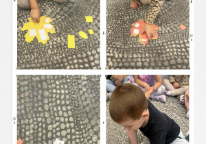 Zdjęcie ukazuje dzieci dopasowujące figury geometryczne do kształtów na liściach.