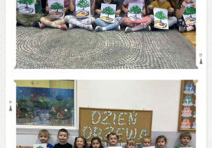 Grupa „Stokrotki” podczas pozowania do wspólnego zdjęcia z pracą plastyczną.