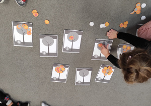 dziewczynka układa odpowiednią liczbę liści na sylwecie drzewa.