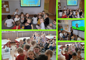 Kolaż zdjęć dzieci z grupy Biedronki podczas wspólnego oglądania bajki edukacyjnej "Od ziarenka do bochenka" dzięki gościnności starszych kolegów, koleżanek i Pań z grupy Misie