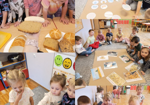 Kolaż zdjęć dzieci z grupy Stokrotki podczas zabaw z okazji Dnia Chleba