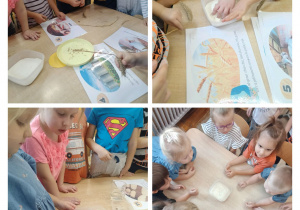 Kolaż zdjęć dzieci z grupy Słoneczka podczas aktywności z okazji Dnia Chleba.