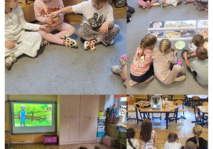 Kolaż zdjęć dzieci z grupy Żabki podczas zabaw z okazji Dnia chleba