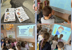 Kolaż przedstawia Smerfy podczas aktywności z okazji Dnia mycia rąk