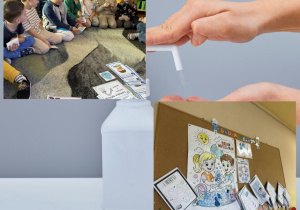 Kolaż przedstawia Smerfy podczas aktywności z okazji Dnia mycia rąk