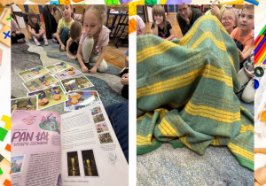 Kolaż przedstawia Smerfy podczas aktywności projektowych od “Pana Łał”