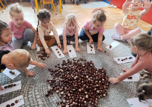 Dzieci układają tyle kasztanów na pasku papieru ile wskazuje cyfra.