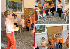 Grupa „Stokrotki” bierze udział w zabawie ruchowej z dynią.