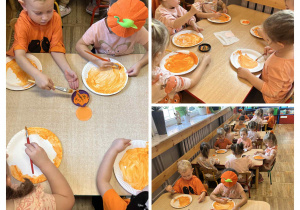 Dzieci malują farbami papierowe talerzyki.