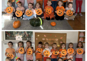 4-latki pozują do zdjęcia z wykonaną przez siebie pracą plastyczną.