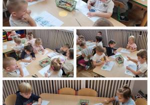 Kolaż, na którym widać dzieci przy stoliku wykonujących pracę plastyczną.