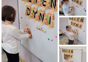 Kolaż zdjęć dzieci układających dynie zgodnie z sekwencją.