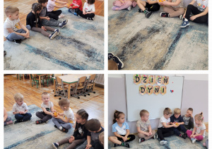 Kolaż zdjęć dzieci siedzących na dywanie i przekazujących sobie dynie.