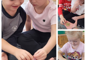 Kolaż zdjęć dzieci siedzących na dywanie i kosztujących pestek dyni.