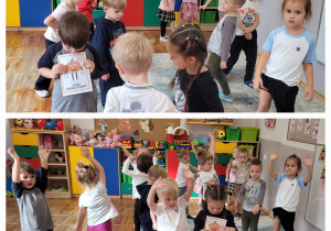 Kolaż zdjęć dzieci biorących udział w zabawie ruchowej.