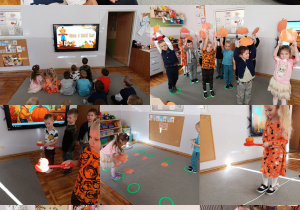 Kolaż przedstawiający grupę Misie podczas zabaw z okazji Dnia Dyni.