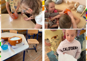 Kolaż przedstawia aktywności muzyczne i ruchowe Smerfów z okazji dnia dyni.