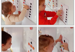 Kolaż zdjęć, na których dzieci łączą obrazki dyni z cieniami.