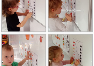 Kolaż – przedszkolaki łączą obrazki dyni z cieniami.