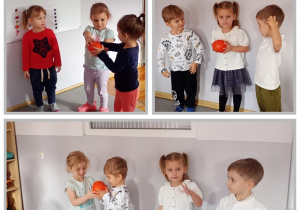 Kolaż trzech zdjęć, na których dzieci podają dynie z ręki do ręki stojąc w kole.