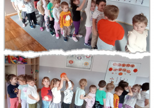 Dwa zdjęcia prezentujące dzieci stojące w rzędzie i podające dynię nad głowami.