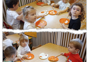 Dwa zdjęcia prezentujące dzieci w trakcie wykonywania pracy plastycznej.