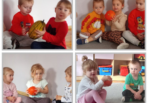 Kolaż czterech zdjęć, na których dzieci oglądają dynie.