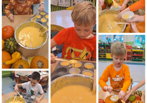 Dzieci nakładają ciasto do foremek.