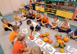 Dzieci siedzą na dywanie i segregują dynie.