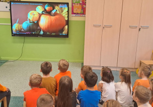 Dzieci oglądają film edukacyjny o dyni.